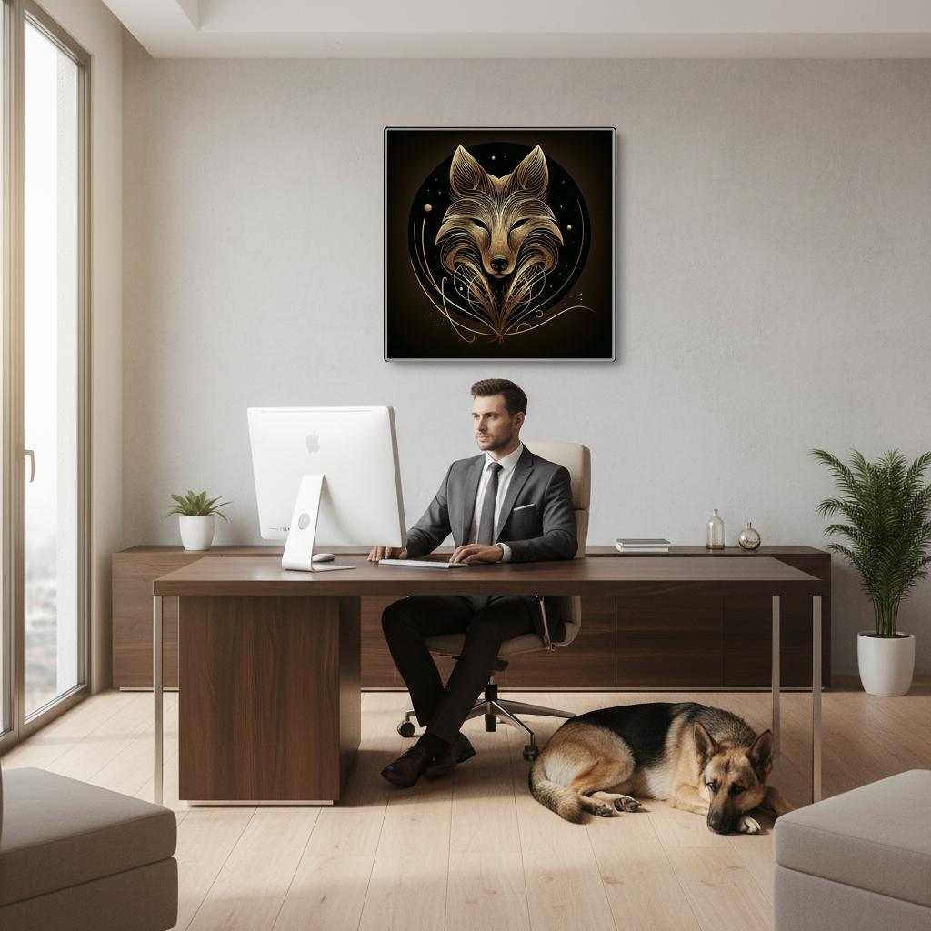 "Line Art" – Brushed Silver Aluminium  – Goldener Wolf