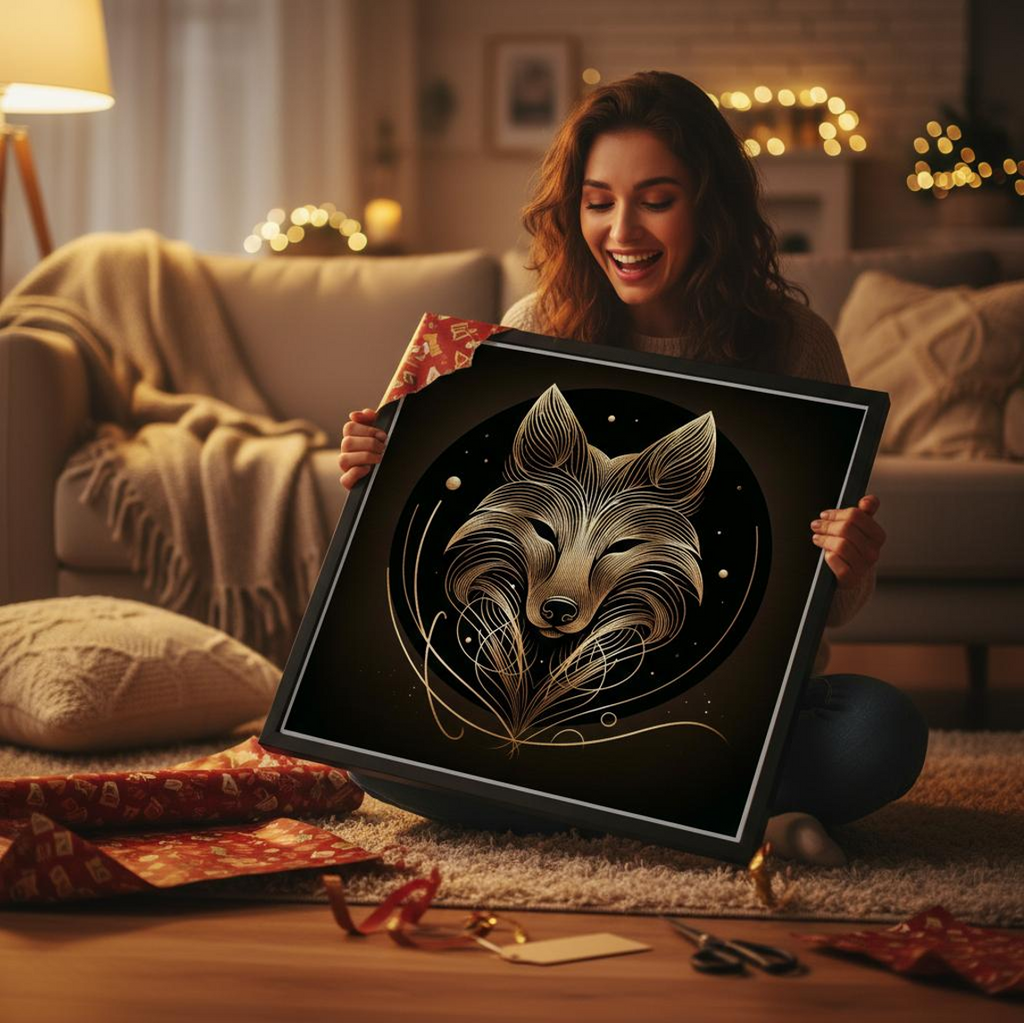 "Line Art" – Brushed Silver Aluminium  – Goldener Wolf