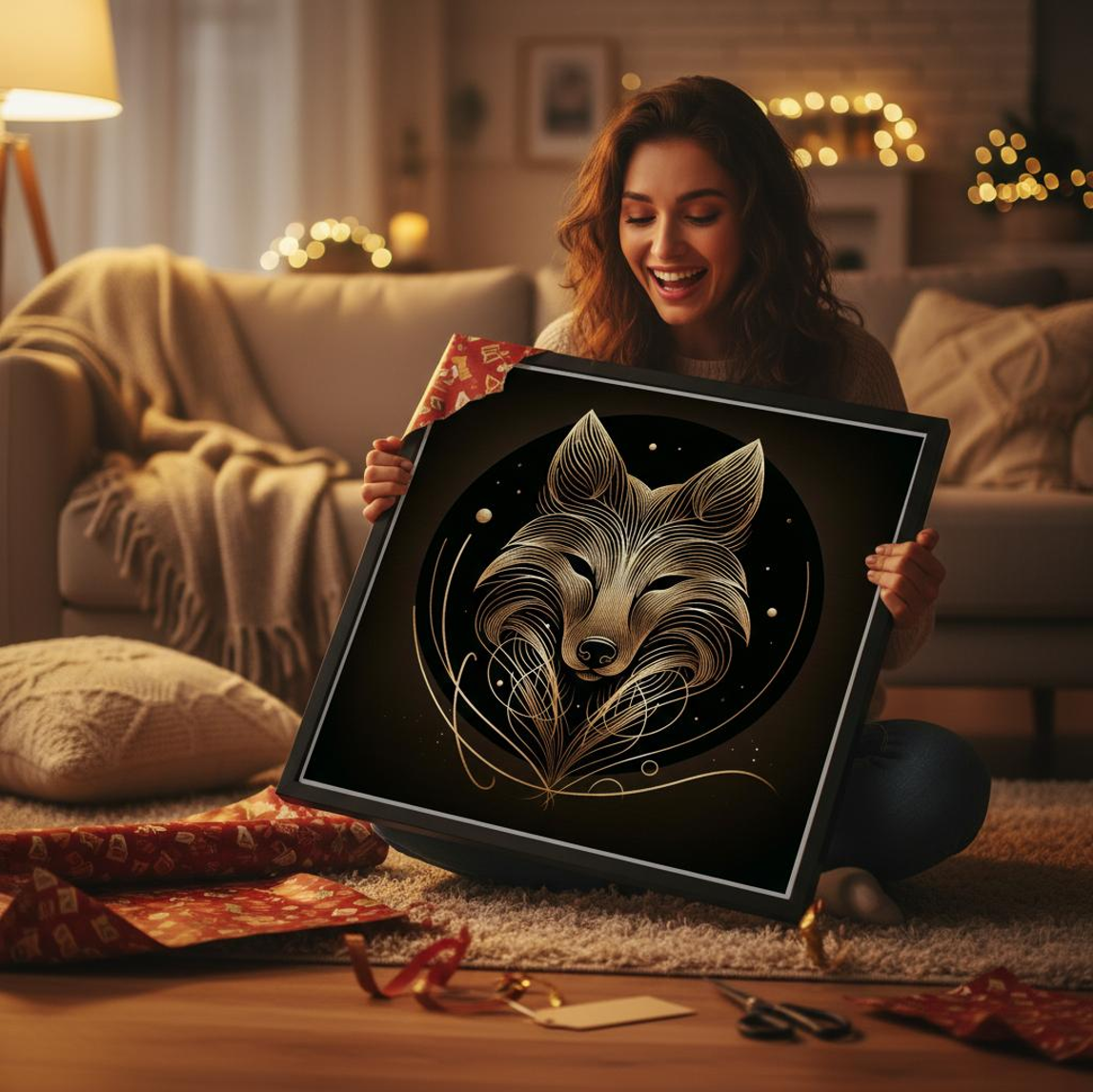 "Line Art" – Brushed Silver Aluminium  – Goldener Wolf