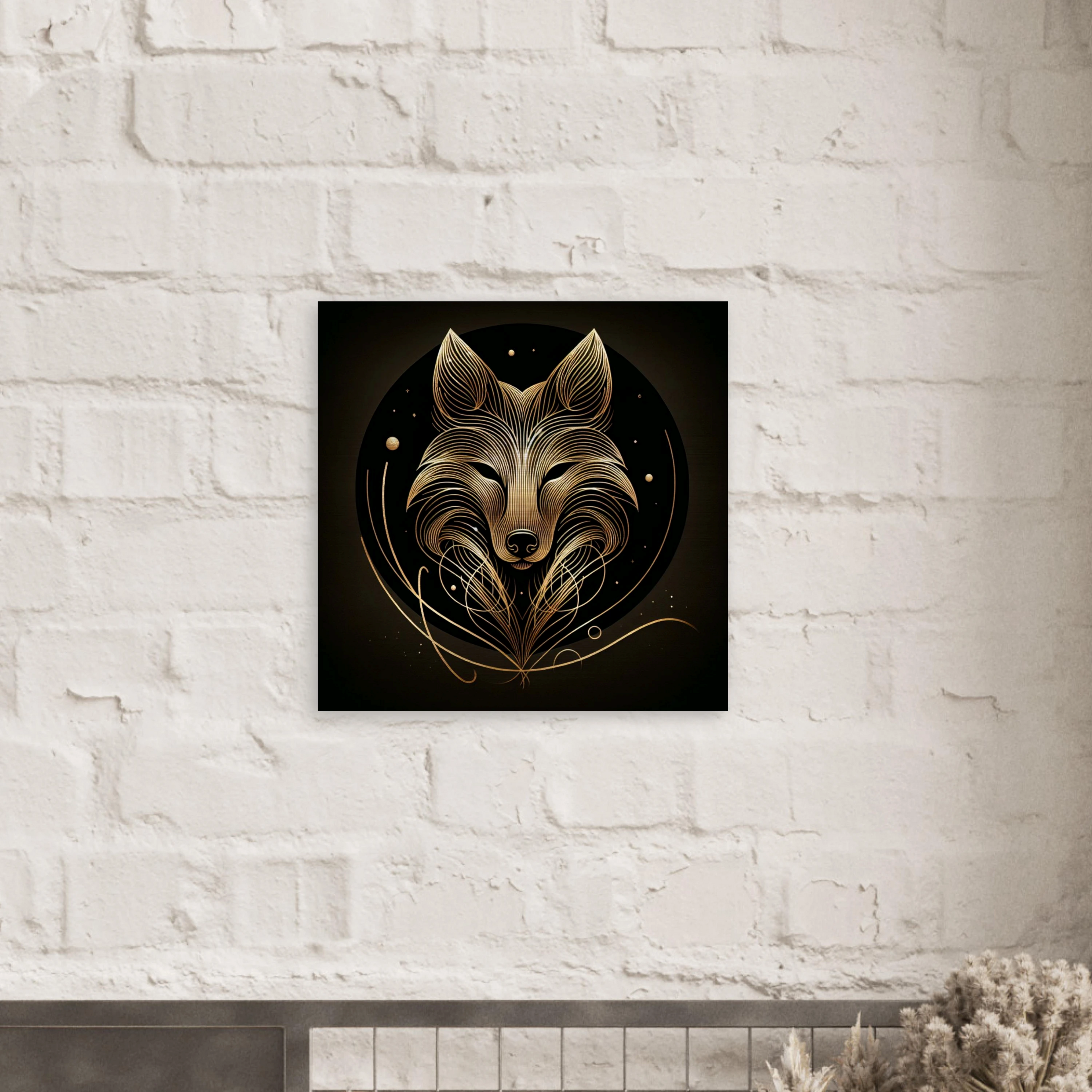 "Line Art" – Brushed Silver Aluminium  – Goldener Wolf