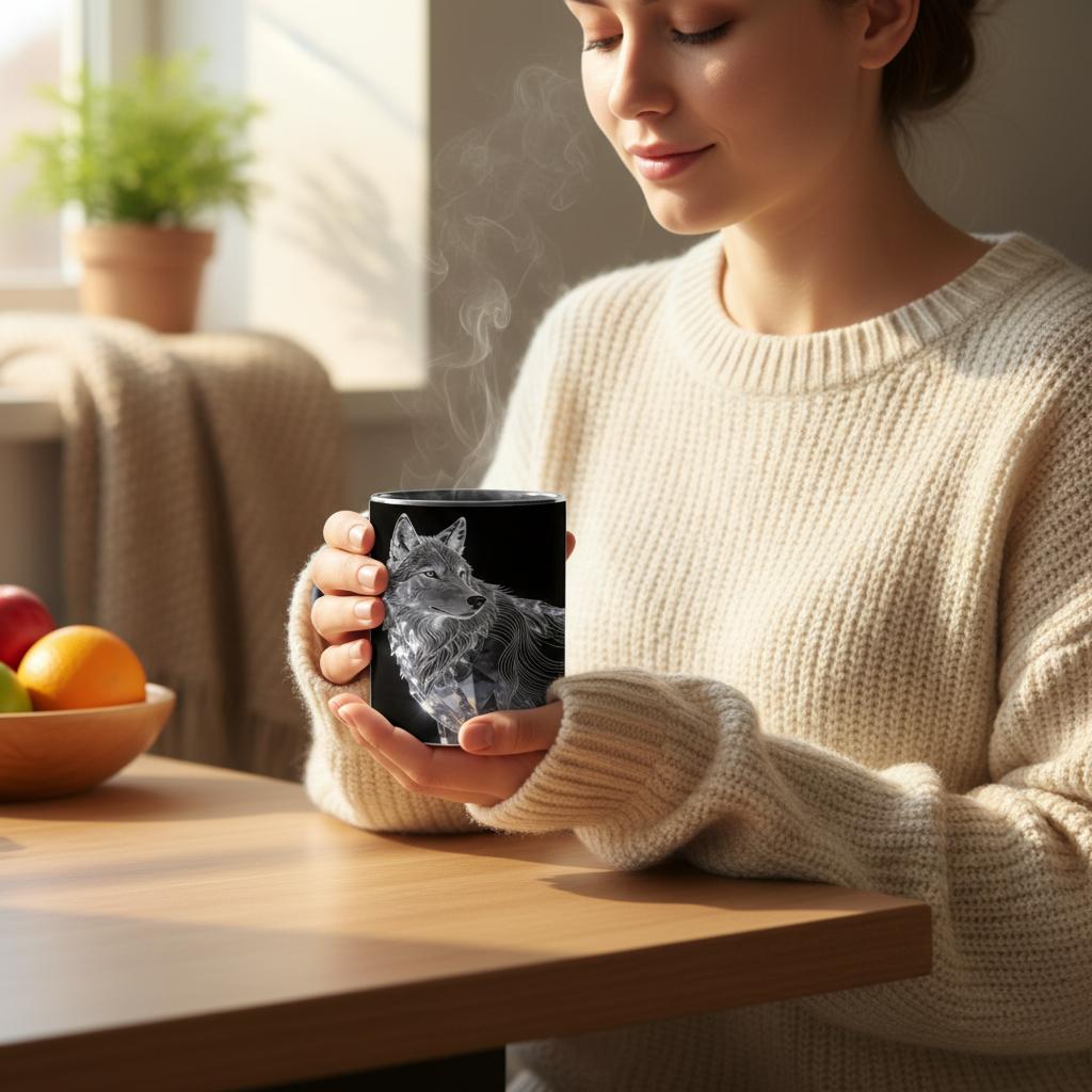 Edle Keramiktasse mit Wolfsmotiv aus der Diamond Line als besondere Geschenkidee