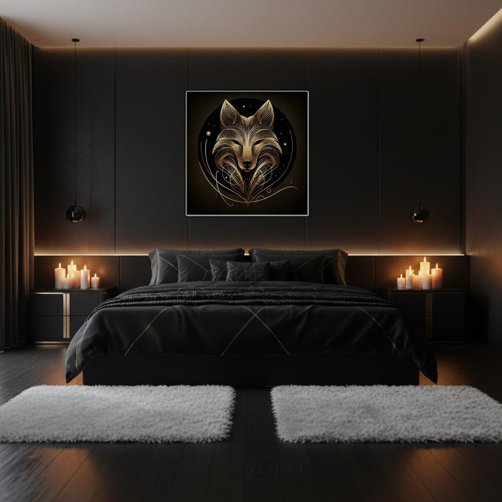 "Line Art" – Brushed Silver Aluminium  – Goldener Wolf