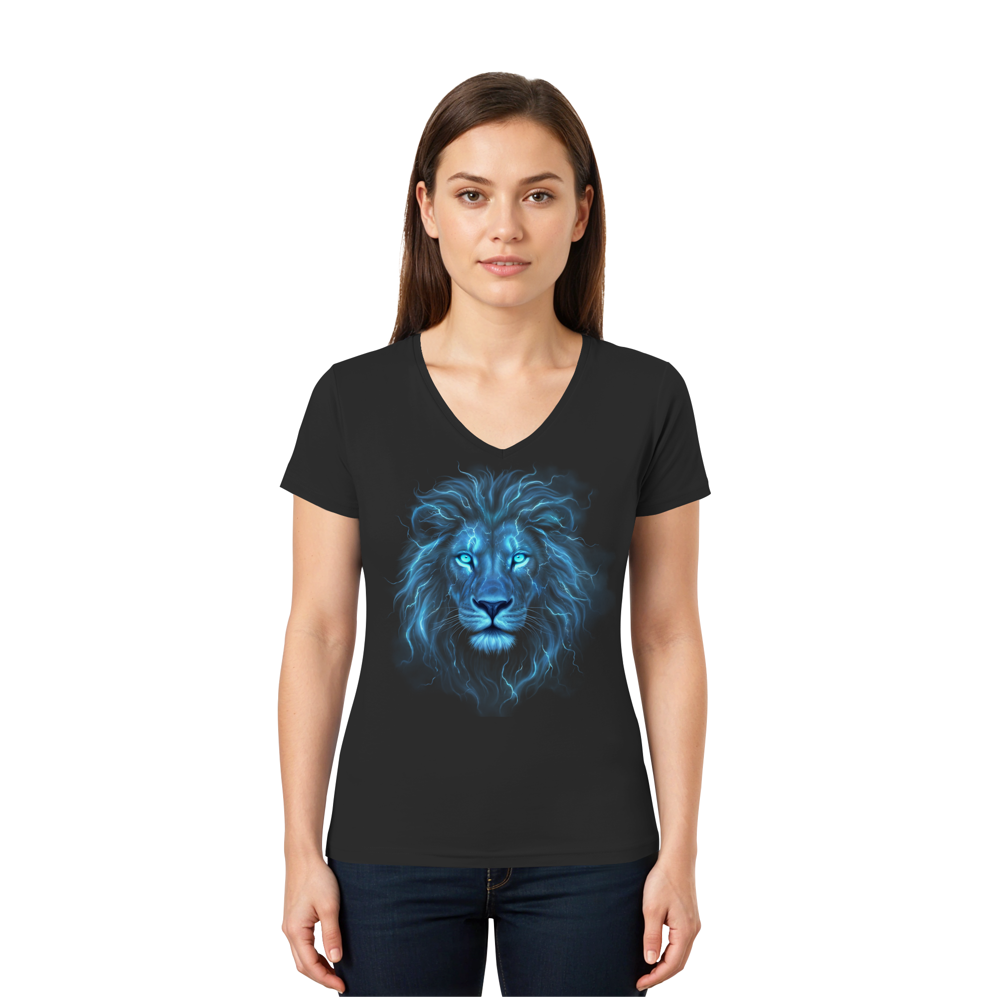 V-Neck T-Shirt „Blue Electric Lion“ - Ladies V-Neck Shirt