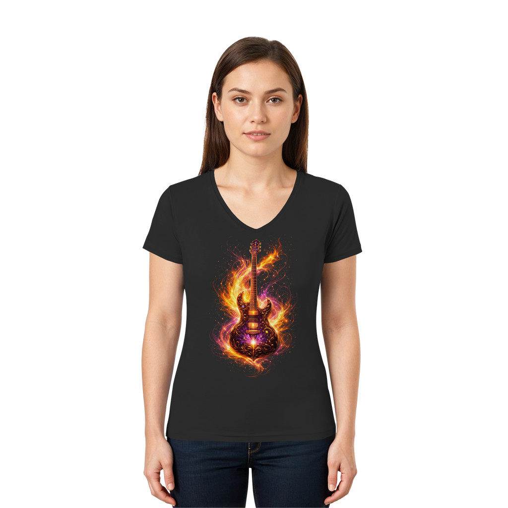 Premium Wear - Ladies V-Neck Shirt  -  Red Electric Guitar – Luminous Series |