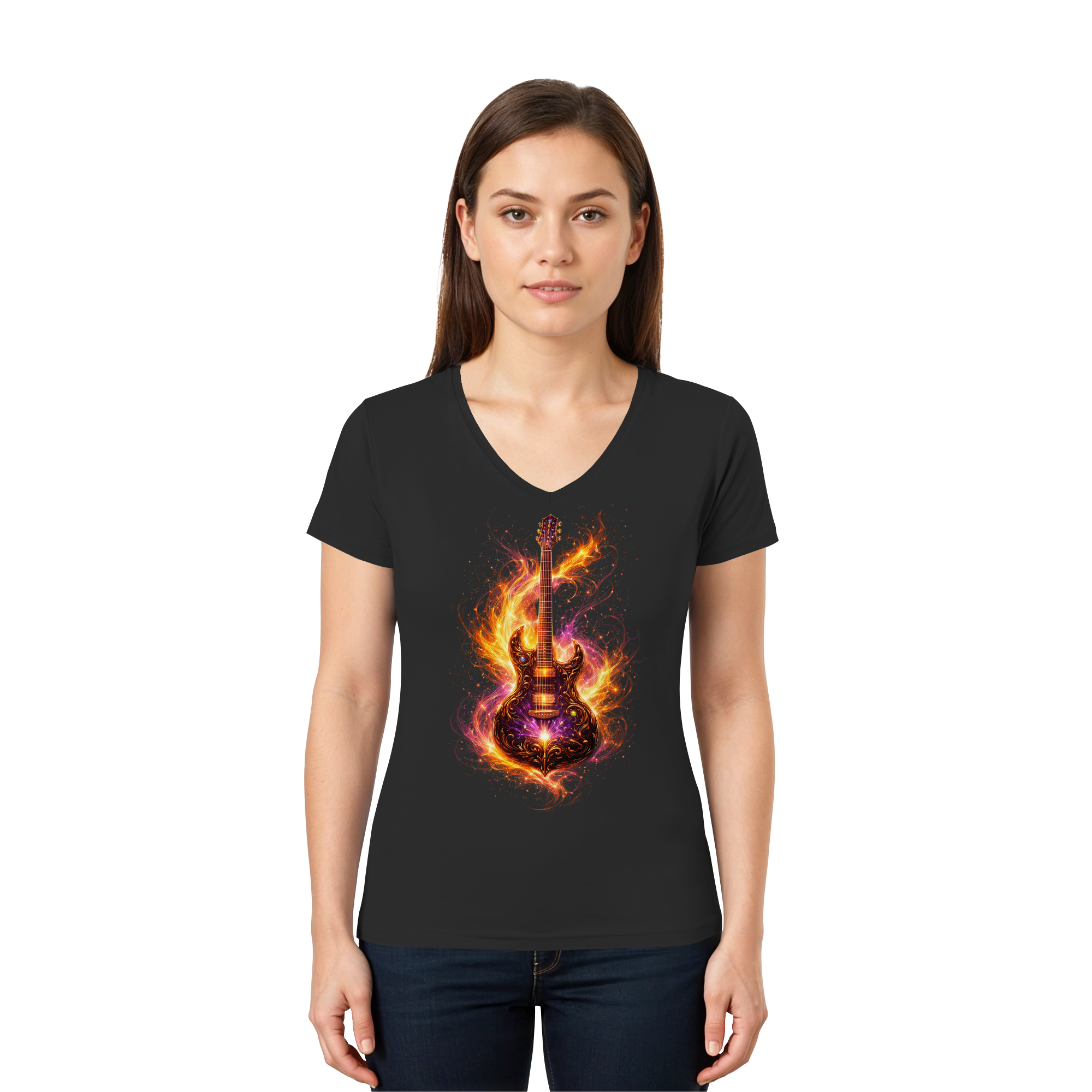 Premium Wear - Ladies V-Neck Shirt  -  Red Electric Guitar – Luminous Series |