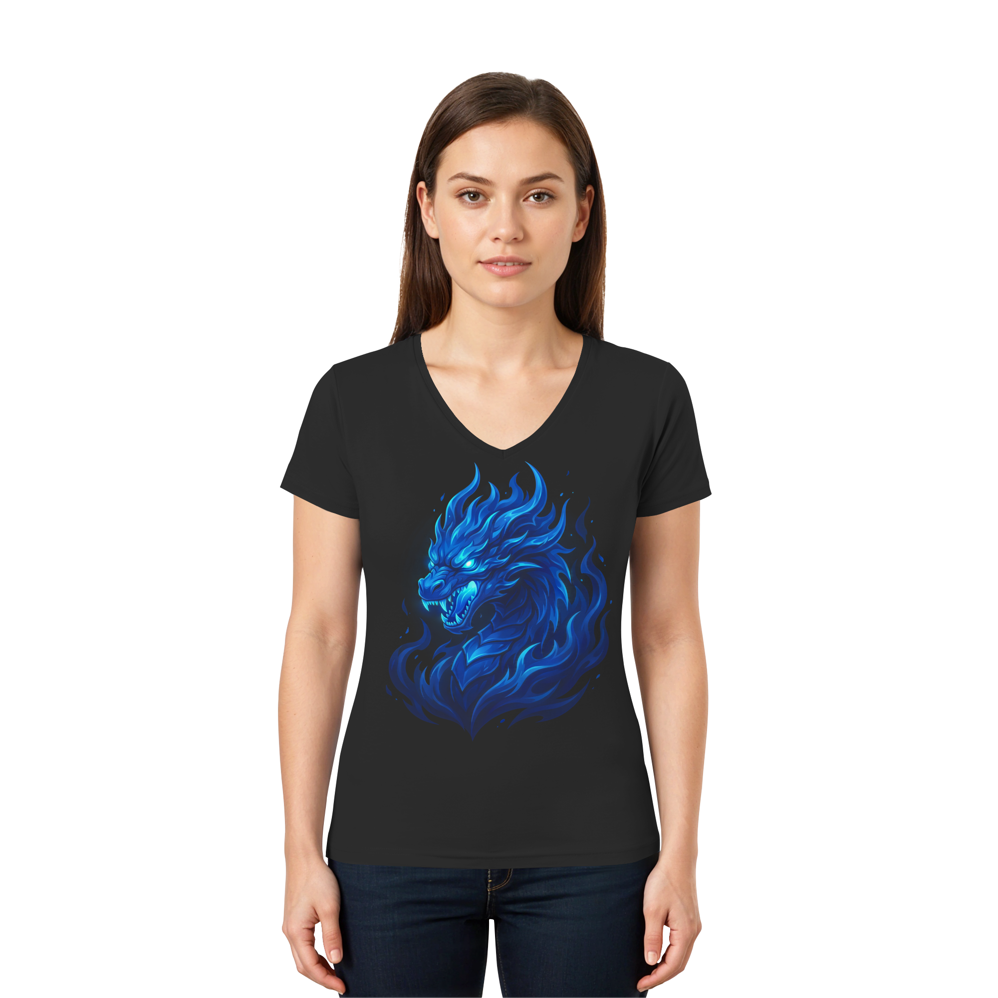 Premium Damen V-Neck T-Shirt „Blue Flamebound Dragon“ - Ladies V-Neck Shirt