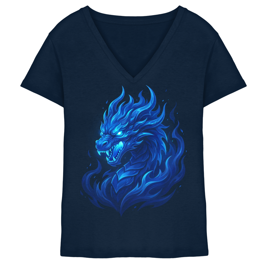 Premium Damen V-Neck T-Shirt „Blue Flamebound Dragon“ - Ladies V-Neck Shirt