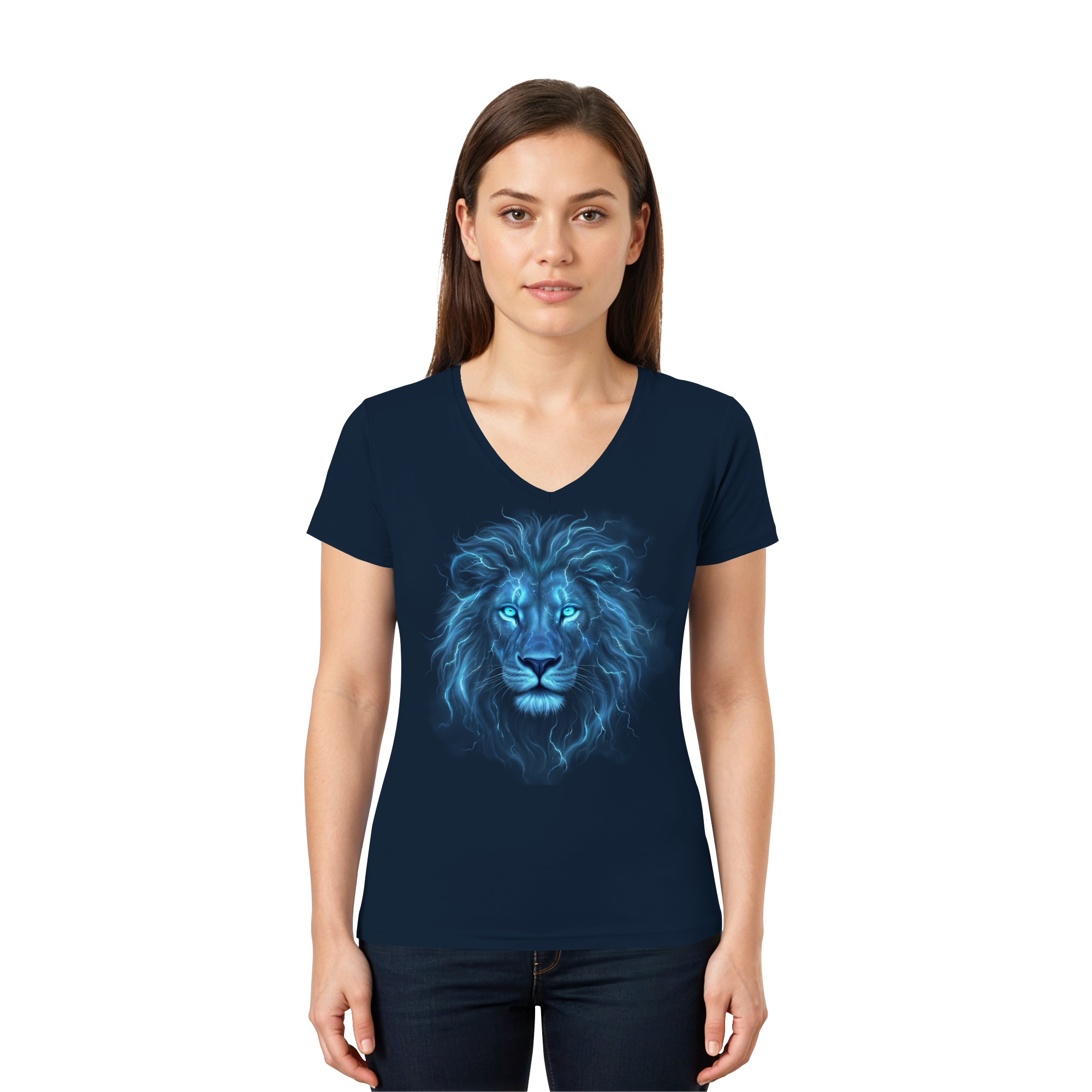 V-Neck T-Shirt „Blue Electric Lion“ - Ladies V-Neck Shirt