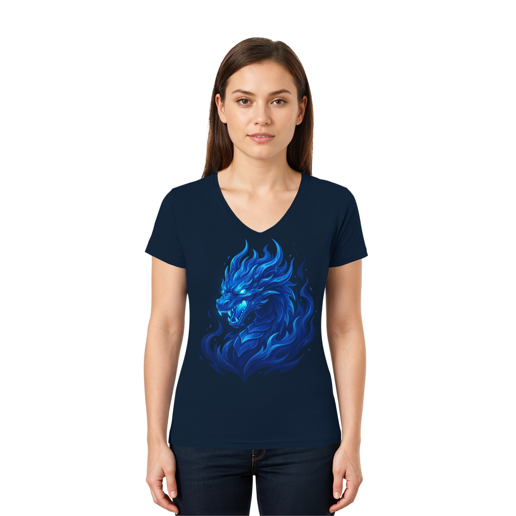 Premium Damen V-Neck T-Shirt „Blue Flamebound Dragon“ - Ladies V-Neck Shirt