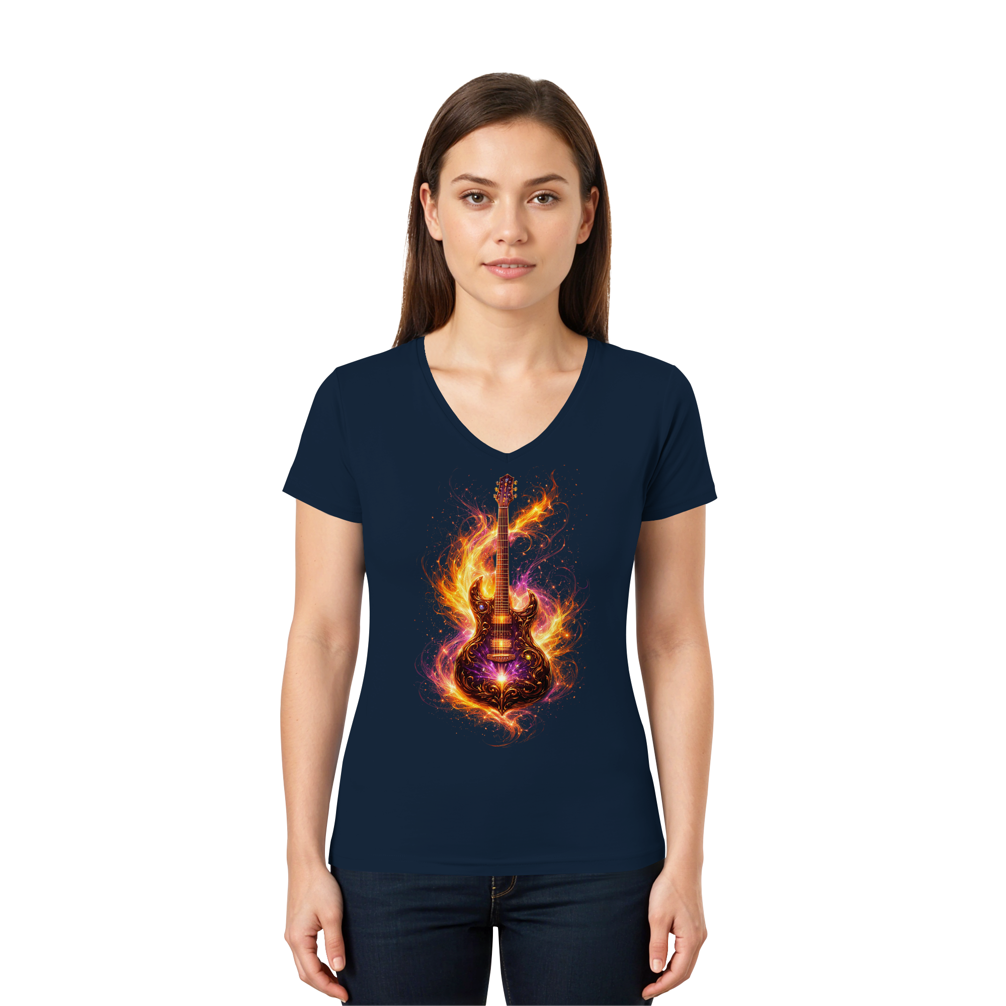 Premium Wear - Ladies V-Neck Shirt  -  Red Electric Guitar – Luminous Series |