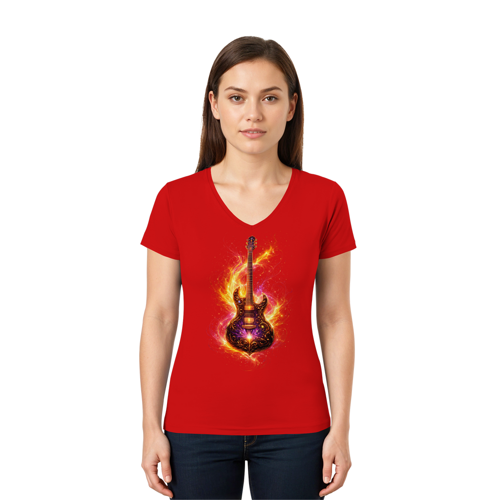 Premium Wear - Ladies V-Neck Shirt  -  Red Electric Guitar – Luminous Series |