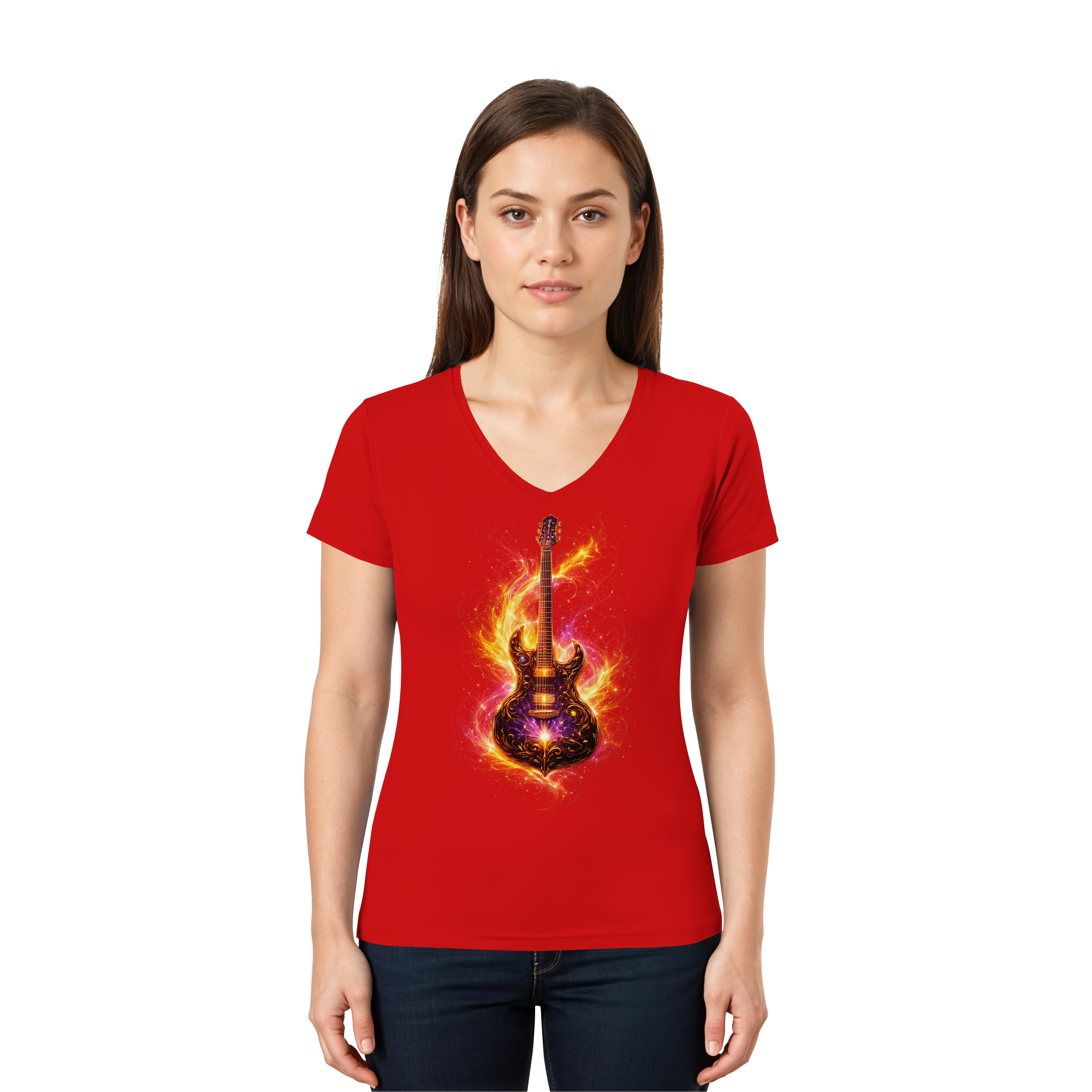 Premium Wear - Ladies V-Neck Shirt  -  Red Electric Guitar – Luminous Series |