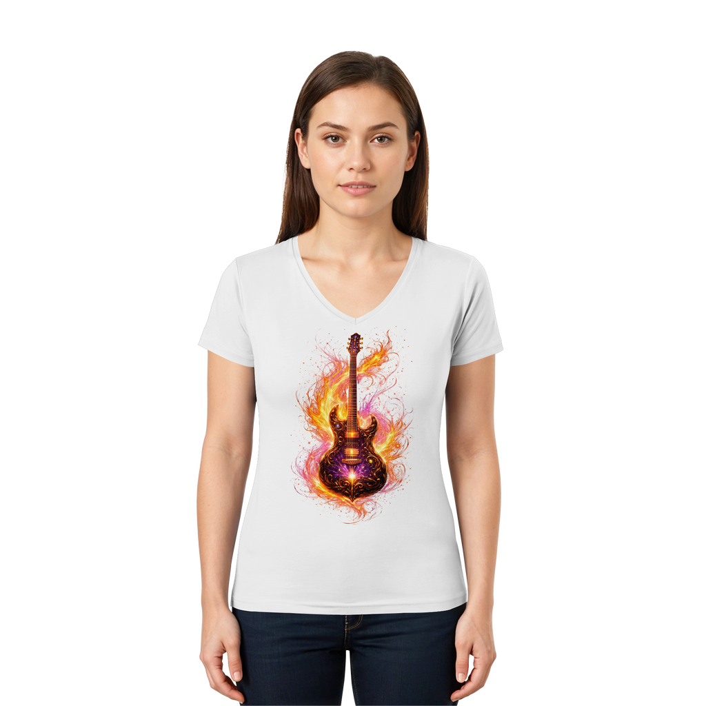 Premium Wear - Ladies V-Neck Shirt  -  Red Electric Guitar – Luminous Series |
