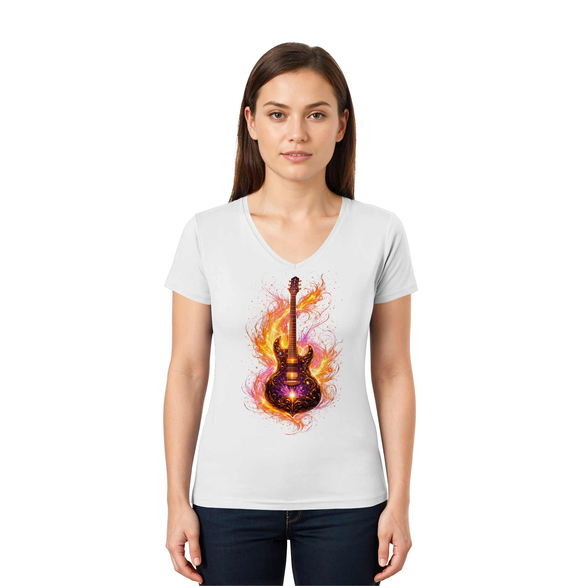 Premium Wear - Ladies V-Neck Shirt  -  Red Electric Guitar – Luminous Series |
