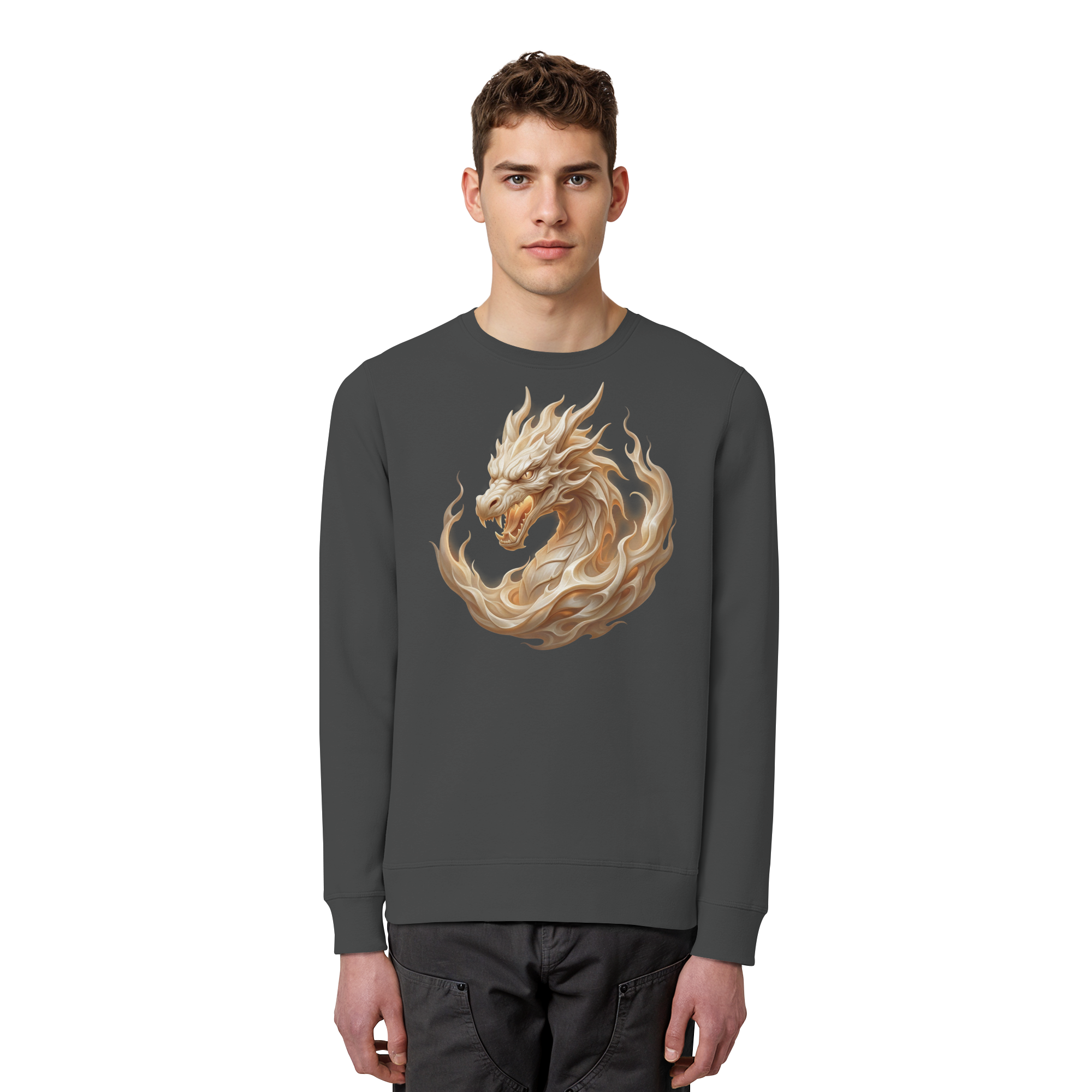 Organic Basic Unisex Sweatshirt – Ivory Flame Dragon | Ivory Spirits Edition | Cinematic Horizons