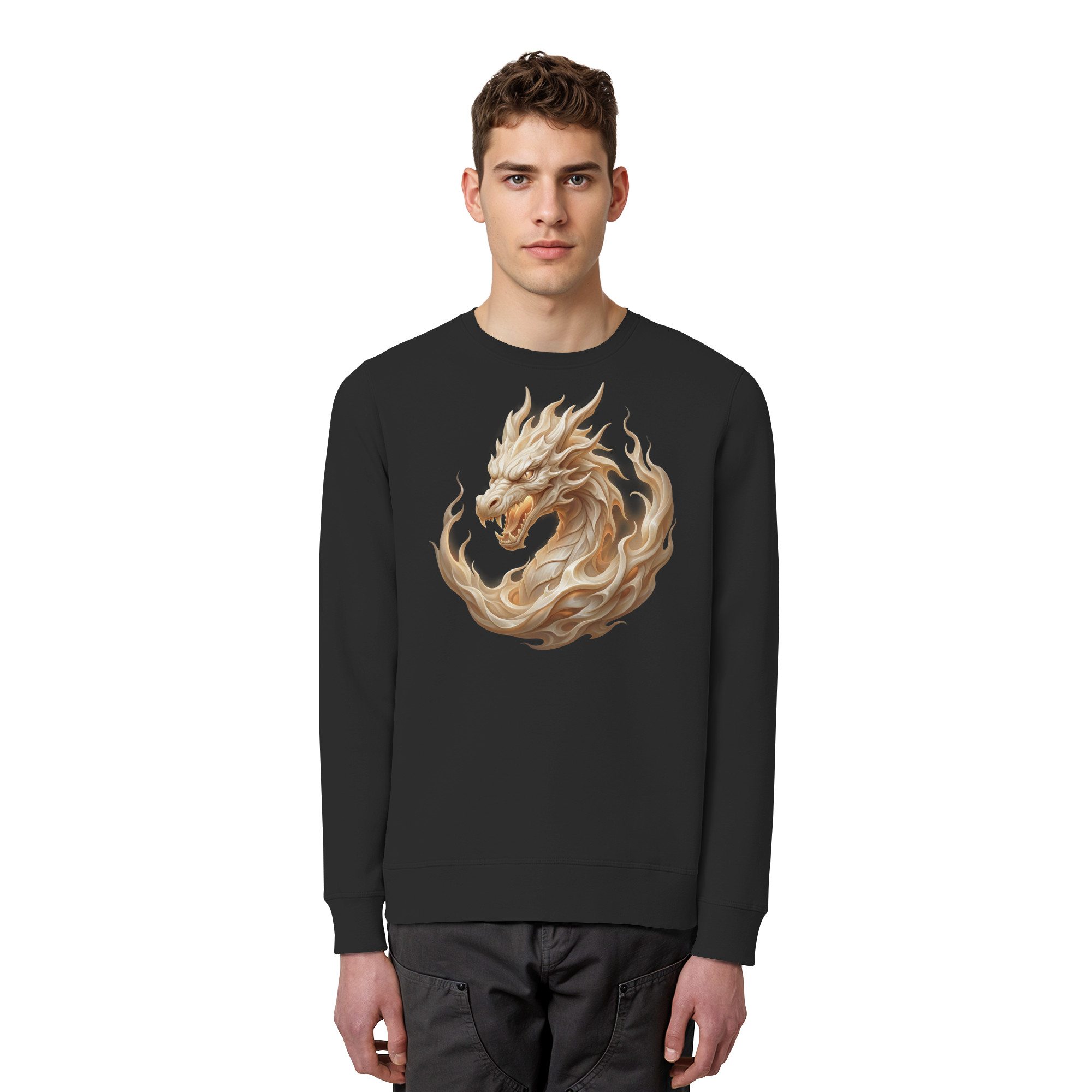 Organic Basic Unisex Sweatshirt – Ivory Flame Dragon | Ivory Spirits Edition | Cinematic Horizons