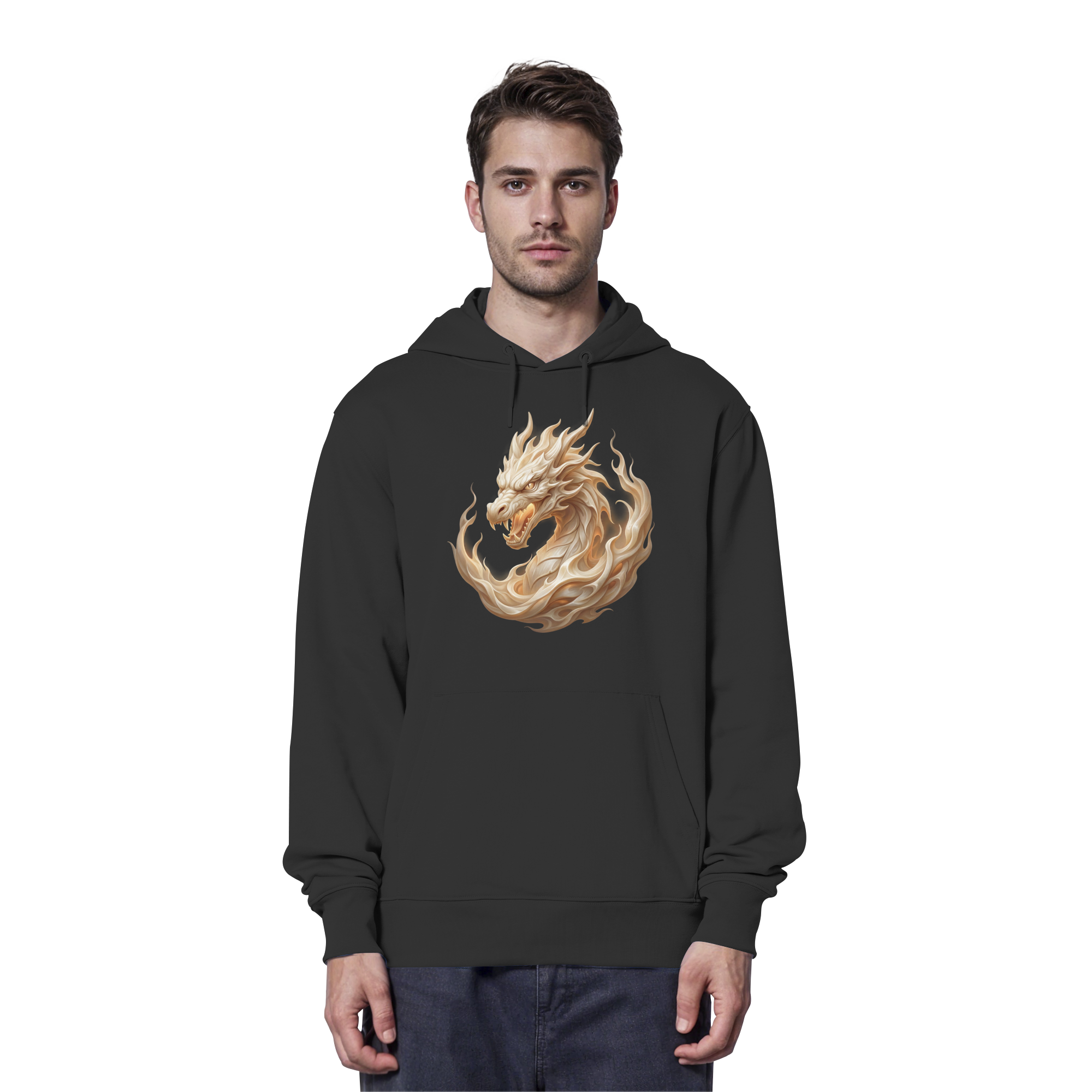 Premium Organic Hoodie - Ivory Flame Dragon – Ivory Edition – Fantasy Drachenmotiv – Hochwertiger Baumwollstoff – Geschenk für Drachenfans | Cinematic Horizons
