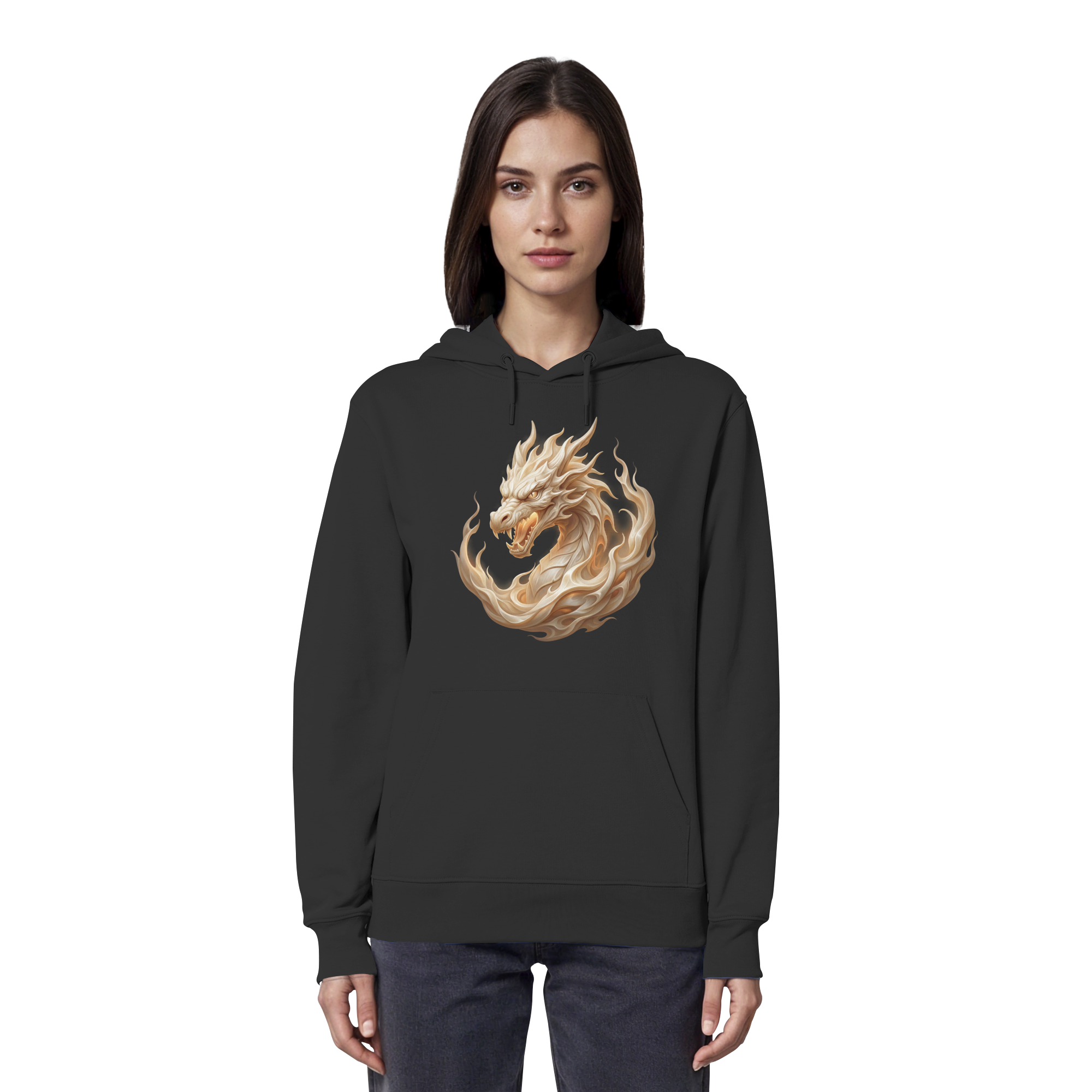 Premium Organic Hoodie - Ivory Flame Dragon – Ivory Edition – Fantasy Drachenmotiv – Hochwertiger Baumwollstoff – Geschenk für Drachenfans | Cinematic Horizons