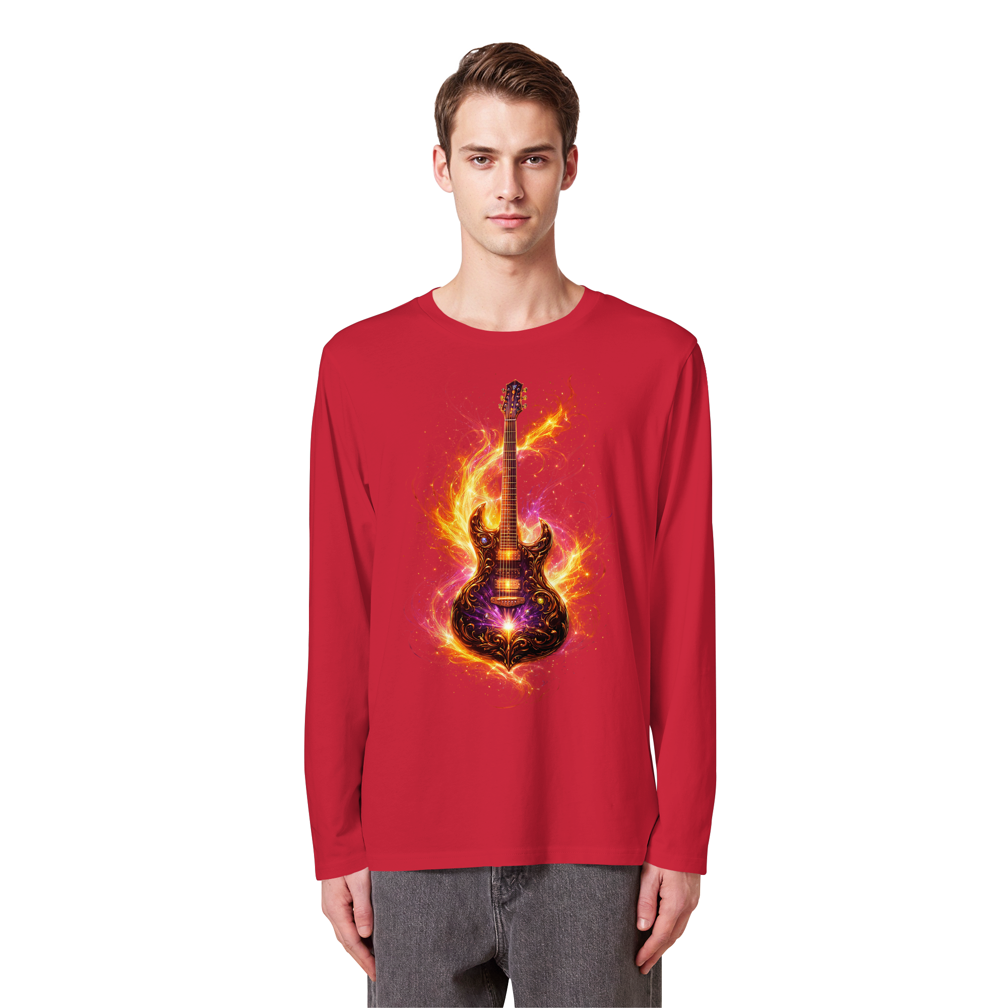 Premium Wear - Organic Longsleeve T-Shirt  -  Red Electric Guitar – Luminous Series |